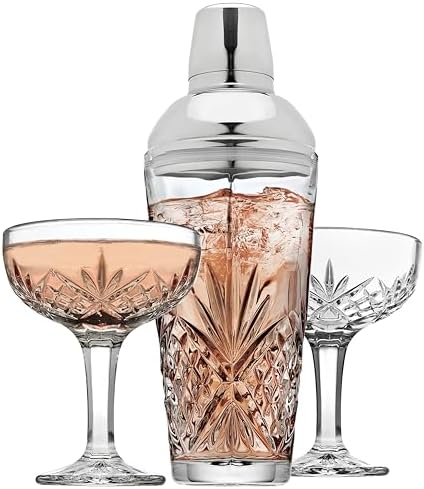 Godinger Cocktail Shaker and Cocktail Glasses Bar Set, Martini Shaker and 2 Martini Glasses Set - Dublin Collection
