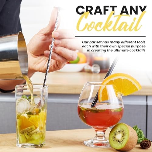 Mixology Bartender Kit with Stand - 15 Piece Bar Tool Set, Silver Bar Set Cocktail Shaker Set for Drink Mixing - includes Martini Shaker, Jigger, Strainer, Bar Mixer Spoon, Tongs, Opener | Gift Idea