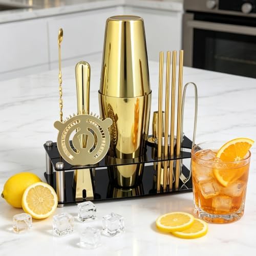 Professional Cocktail Shaker Set with Stand Cocktail Recipes, 15-Piece 750/600ml Bartender Kit, Bar Sets Bartending Kit Bar Tool Set 25/20oz Boston Shakers, Jigger, Muddler (Gold)