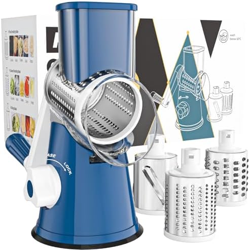 Cambom Rotary Cheese Grater Hand Crank Cheese Shredder for Fresh Cheese, Vegetable, Nuts,Non-slip Suction Base，Three Blades,Dark Blue