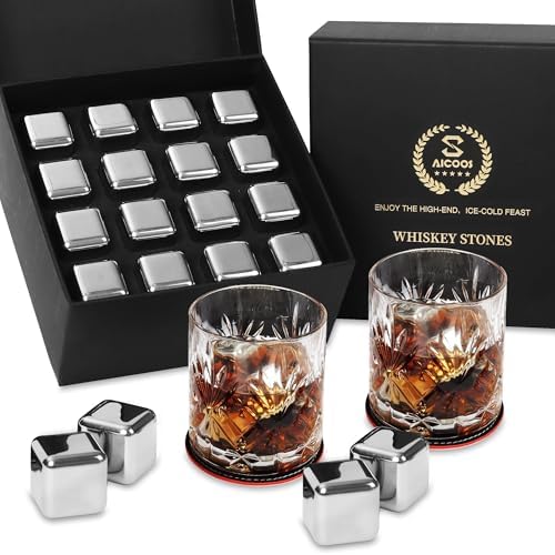 Gifts for Men Dad - Whiskey Stones Reusable Metal Steel Ice Cubes Set - Him or Husband White Elephant Stocking Stuffers for Adults Man - Cool Bourbon Anniversary Funny (16Pcs Ice)