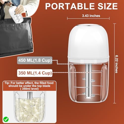 450ML (1.8 Cup) Electric Garlic Chopper, Mini Portable Food Processor