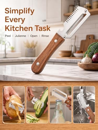 3-in-1 Multifunctional Vegetable Peeler, Curved Stainless Steel Blade Wooden Handle & Built-In Bottle Opener Kitchen Tool for Sugar Cane, Potato, Fruit, Pumpkin, Carrot Veggie Peeler (1PCS)