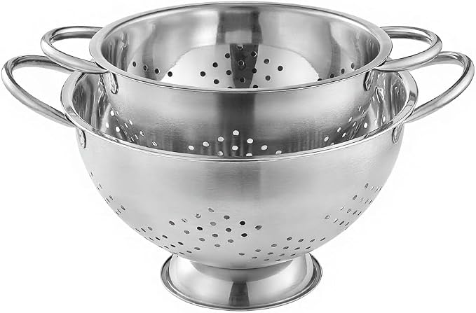 2 Pack Stainless Steel Colander Set with Handles - Heavy-Duty Nesting Strainers (5 Qt, 1 Qt) for Pasta, Rice, Vegetables, Rust-Proof Kitchen Drainer Bowls