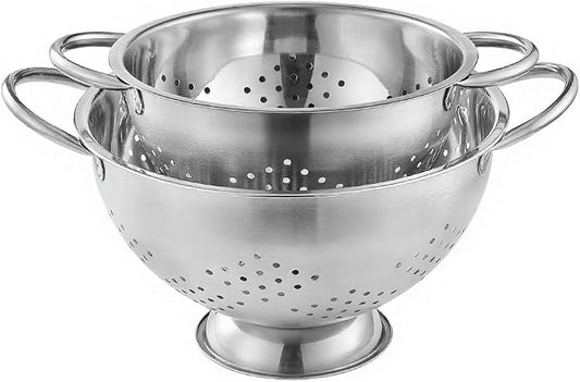 2 Pack Stainless Steel Colander Set with Handles - Heavy-Duty Nesting Strainers (5 Qt, 1 Qt) for Pasta, Rice, Vegetables, Rust-Proof Kitchen Drainer Bowls