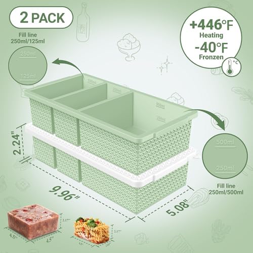 Silicone Freezer Trays with Lid (2-Pack), 1-Cup & 2-Cup Silicone Freezer Molds, Stackable Soup Cubes Freezer Tray with Lid for Portion Control,Food Storage & Meal Prep, Oven & Dishwasher Safe