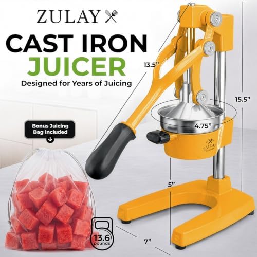 Zulay Kitchen Cast Iron Juicer - Heavy Duty Orange Juicer with Detachable Strainers for Easy Cleaning, Citrus Press for Citrus Fruits, Perfect for Bartenders, Juice Lovers & Health Enthusiasts