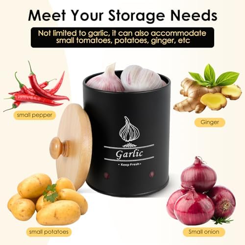 Garlic Keeper, Versatile Garlic Holder, Garlic Jar with Wood Lid, Ventilated Garlic Storage Container, Large Capacity Garlic Container for Kitchens (Style 1)