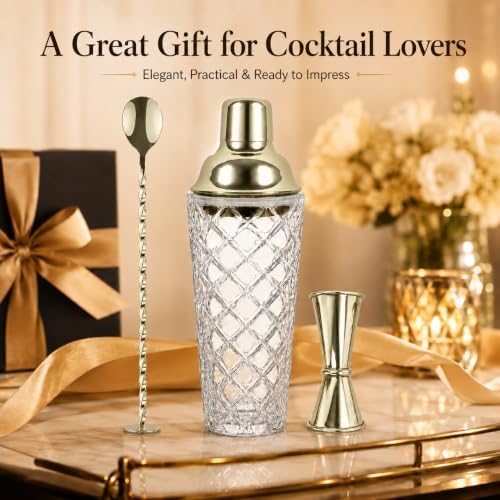 16 Oz Glass Cocktail Shaker Set with Built-in Strainer Crystal Cocktail Shaker with Gold Stainless Steel Lid, Bar Spoon Double Jigger, Drink Shaker for Martini, Margarita Mixed Drinks Home Bar Barware