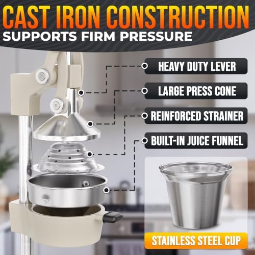 Cast Iron Juicer Hand Press, Heavy-Duty Squeezer (White)