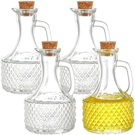Frcctre 4 Pack Glass Oil and Vinegar Cruets Bottles, 13.5 Ounce Glass Olive Oil Dispenser Bottle with Handle and Cork, Soy Sauce Salad Dressing Syrup Liquid Dispenser for Kitchen