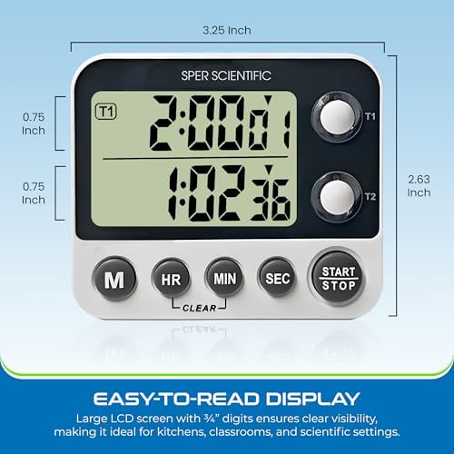 Sper Scientific 2 Channel Digital Lab + Kitchen Timer with Color Coded LED Lights 810002 – Dual Countdown Timer with Large Display, Loud Alarm & Clock Mode - for Cooking, Labs & More