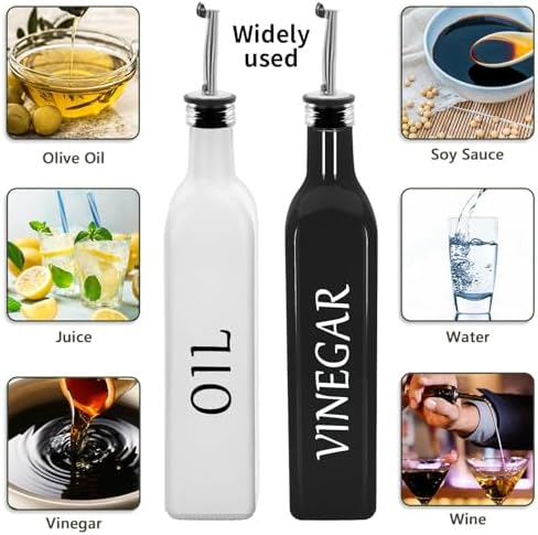 White & Black Olive Oil Dispenser Bottle,2 Pcs 17oz 500ml Glass Oil and Vinegar Dispenser Set with 2 Stainless Steel Pourers, 8 Labels,Funnel Oil Bottles for Kitchen