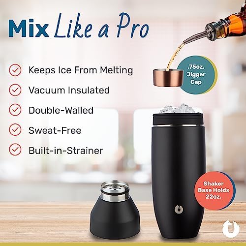 SNOWFOX Premium Vacuum Insulated Stainless Steel Cocktail Shaker, Home Bar Accessories, Elegant Drink Mixer, Lid With Jigger & Built In Strainer, Dark Walnut, 22oz.