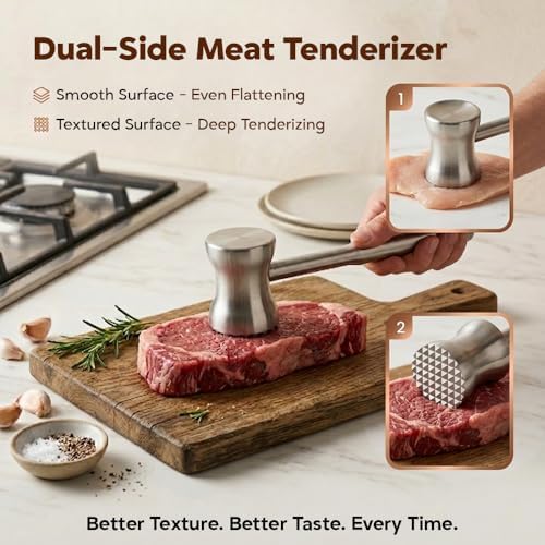 304 Stainless Steel Tenderizer Mallet Dual-Sided Hammer, Heavy Duty Pounder Tool for Steak, Beef & Chicken Cutlets, Textured Grip Kitchen Mallet, Dishwasher Safe Beater for Cooking