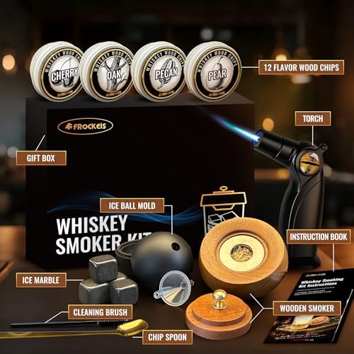 Cocktail Smoker Kit for Whiskey & Drinks with Torch, 22PC Wood Smoker Gift Set for Men - 12 Wood Chip Flavors, Ice Mold, Stone Cubes, Home Bar Accessories for BBQ, Cigars & Party (No Butane)
