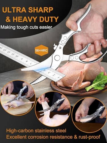 2 Pack Kitchen Shears, Heavy Duty Poultry Shears with Non-Slip Handle & Safety Lock, Spring Loaded, All Purpose Kitchen Scissors for Food, Meat Cutting, Chicken, Fish, Vegetables