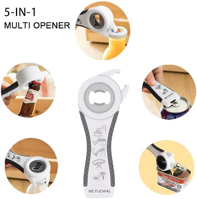 Latest Jar Opener Bottle Opener for Weak Hands, 6 in 1 Multi Function Can Opener Bottle Opener Kit with Silicone Handle Easy to Use for Children, Elderly and Arthritis Sufferers(JAR-White3.0)