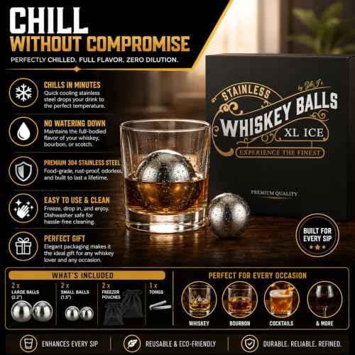G&J's Finest Premium 4-Piece Stainless Steel Whiskey Chilling Ball Gift Set – 2 X-Large & 2 Large size Balls with Freezer Pouches and Tongs in Luxury Gift Box for Bourbon|Scotch|Whiskey(Not-Solid)