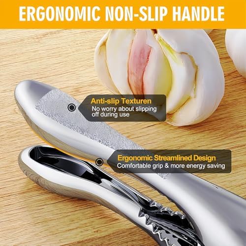 WUJIE Stainless Steel Garlic Press and Slicer - 2-in-1 Crusher and Mincer, Professional Kitchen Tool with Cleaning Brush for Garlic and Ginger, Aluminum Alloy