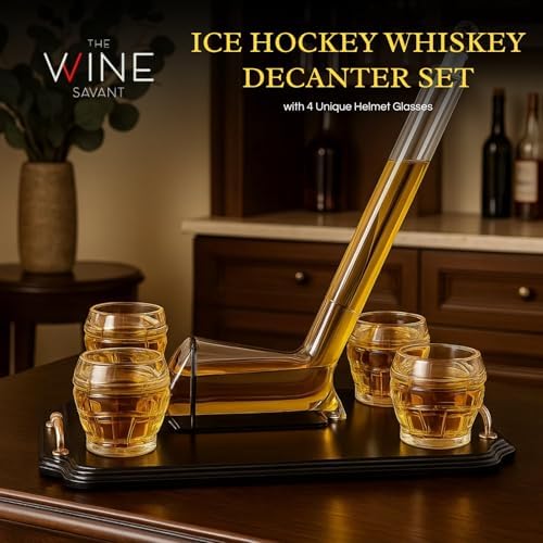 Ice Hockey Whiskey Decanter Set with 4 Unique Helmet Glasses, 750ml Decanter and 8oz Glasses – Perfect for Hockey Fans Gift, Whiskey Lovers, Sports Enthusiasts, Birth, or Holidays by The Wine Savant