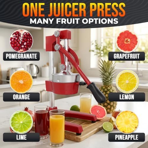 Cast Iron Juicer Hand Press, Heavy-Duty Squeezer (Red)