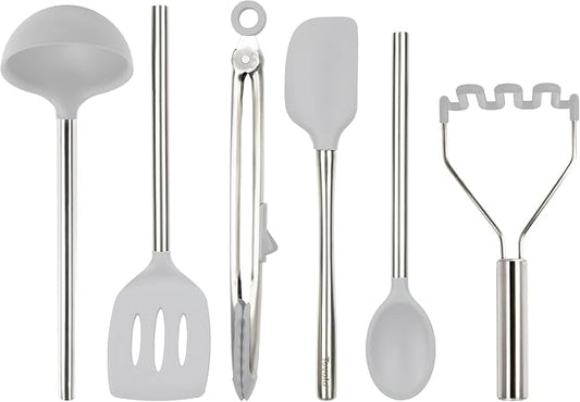 Tovolo Silicone Cooking Utensil Set of 6 Stainless Steel Handle Ladle Slotted Turner Tongs Flex Core Spatula Scraper Mixing Spoon & Potato Masher, Dishwasher Safe BPA Free Utensils, Oyster Gray
