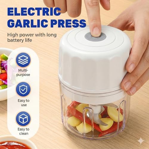 Electric Garlic Chopper, 250ML Portable Cordless Mini Food Processor, USB Rechargeable Vegetable Chopper Blender for Nuts Chili Onion Minced Meat Baby Food and Spices, BPA-Free (White)