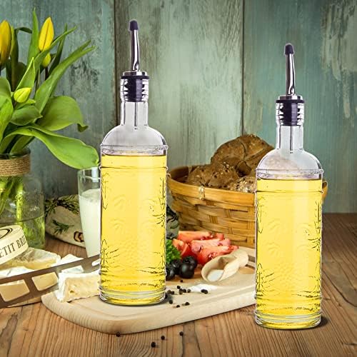 eleganttime 2 Pack Glass Oil and Vinegar Dispenser Set 16oz, Superior Leakproof Olive Oil Dispenser Bottle Strong with Cork for Kitchen Cooking, with Stainless Steel Spout and Silica Gel Funnel