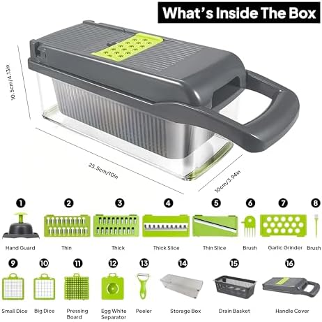 16-in-1 Vegetable Chopper, Mandoline Slicer & Onion Dicer with 1.2L Container, Food Chopper with Stainless Steel Blades, Vegetable Cutter, Cheese Grater, Potato Slicer, Kitchen Gadget