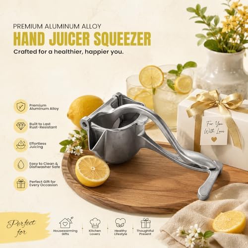 Hand Juicer Squeezer, Manual Citrus Juicer Press – Heavy Duty Aluminum Alloy Lemon Lime Orange Squeezer, Handheld Juice Press for Pomegranate & Citrus Fruits, Easy to Clean, Dishwasher Safe