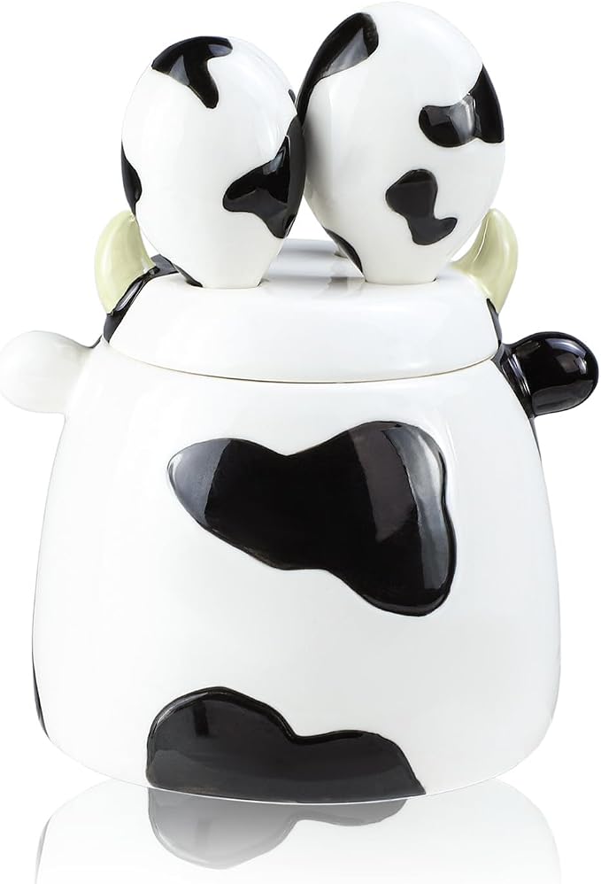 Ceramic Cow Pattern Measuring Spoons Set for Dry or Liquid with Measuring Cup Set, 4 PCS Kitchen Measuring Baking Spoons Cooking Measuring Spoons for Kitchen Baking Tool Utensil Set