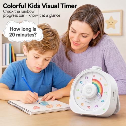 Visual Timer for Kids, Rechargeable Rainbow 60-Min/12-Hour Countdown, White