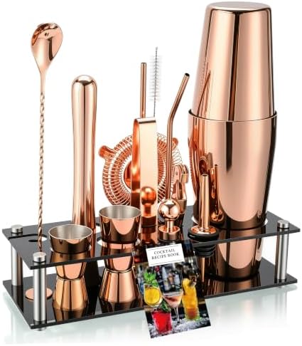 Boston Cocktail Shaker Set, 18 oz & 28 oz 2-Piece Tins, 304 Bartender Kit 15-Piece Bar Tool Set with Acrylic Stand & Recipe Book, for Novices & Pros, Home and Bar Use (Rosegold)