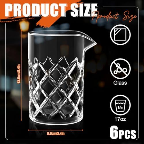 Dandat 6 Pcs 17 oz Cocktail Mixing Glass Thick Base Stirring Glass, Grid