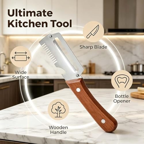 Premium Vegetable Peeler with Wooden Handle and Bottle Opener, Multi-Functional Vegetable Peeler for Fruit Pumpkin Peeling Potato and other vegetables or fruits (5pcs)