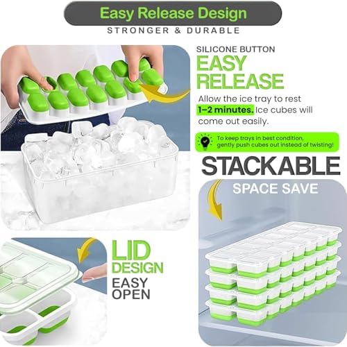 56pcs Ice Cube Tray with Lid and Bin – Stackable 4 Trays Plastic Silicone Freezer Mold, Large Ice Bucket with Scoop, Tong & 2 SS Straws – Easy Release Ice Maker for Cocktail, Coffee, RV, Whiskey