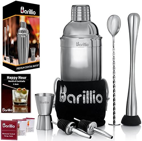 Barillio Mixology Bartender Kit - 8 pcs Stainless Steel Travel Cocktail Shaker Set with Bag - Bar Tools Set with Martini Shaker, Drink Mixer Spoon & Mojito Muddler for Cocktails, Pourers & Jigger