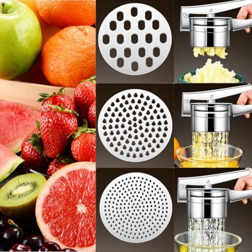 Potato Ricer 15oz, Heavy Duty Stainless Steel Potato Masher and Ricer for Mashed Potatoes,with 3 Interchangeable Discs, Potato Press Kitchen Tool for Mashed