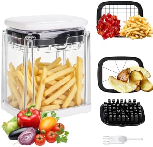Multifunctional Vegetable Chopper Bowl, Potato French Fry Cutter with 2 Interchangeable Blades & Container, Food Chopper for Cucumber, Tomato, Carrot & Onion