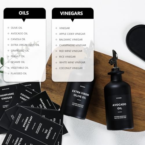 Olive Oil Dispenser for Kitchen, 2-Pack 12oz Black Glass Bottle with Labels
