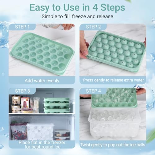 Ice Cube Tray with Lid and Bin, 96 Pcs Mini Round Ice Ball Molds for Freezer with Scoop, 0.8 Inch Sphere Maker, Easy Release Silicone Base, for Coffee, Cocktails (3 Pack, Fresh Green)