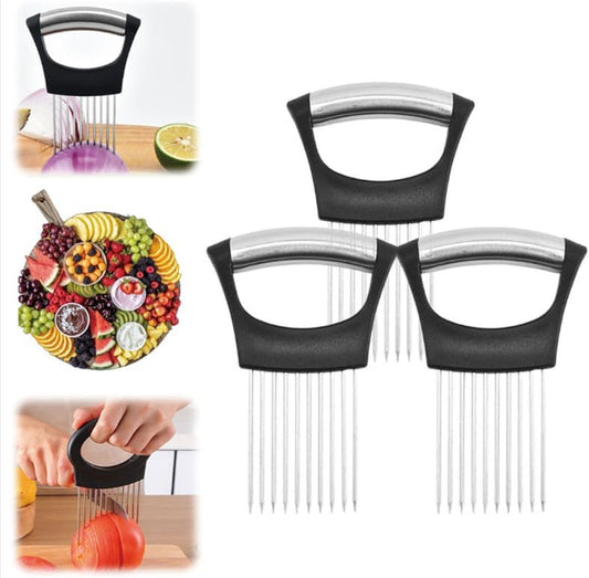 Onion Holder for Slicing, 2024 New Stainless Steel Onion Slice Holder Vegetable Slicer Cutter, Kitchen Chopper Slicing Assistant Tool for Onion Lemon Potato and Tomato (3 PCS)