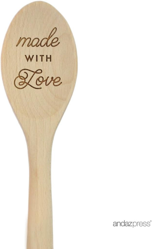 Andaz Press Laser Engraved Wooden Mixing Spoon, 12-inch, Made With Love, 1-Pack, Chef Hostess Housewarming Christmas Mothers Day Gift Sister Girlfriend wooden spoons for cooking