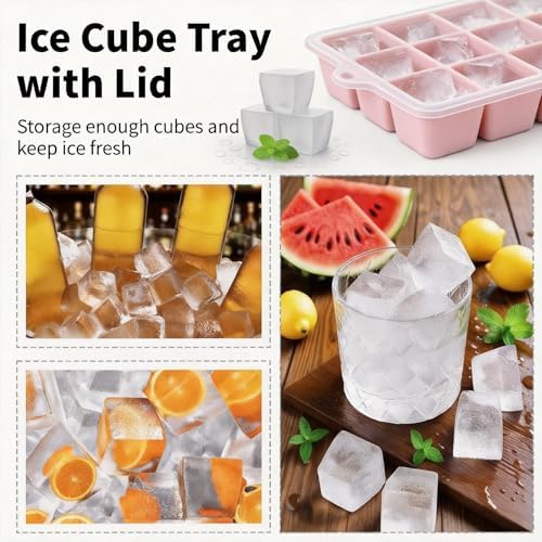 Silicone Ice Cube Tray 2 Pack, HANCELANT Ice Cube Mold, Ice Trays for Freezer with Lid for Whiskey, Cocktail, Drinks and Food, Freezer, BPA Free, Easy Release