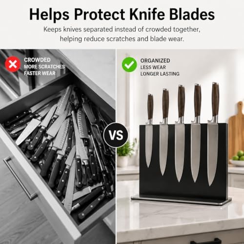 THMINS Black Magnetic Knife Holder, Stainless Steel Countertop Knife Block