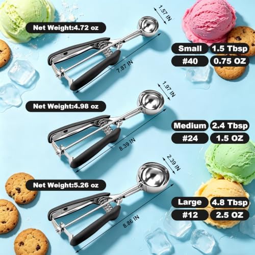 Engraved Sizes Cookie Scoops,Set of 3 Black Cookie Scoops for Baking