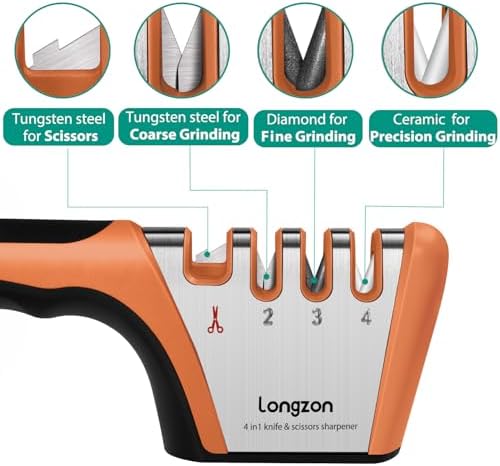 Longzon 5-in-1 Knife Sharpener 4 Stage and Cut-Resistant Glove,Black+Orange