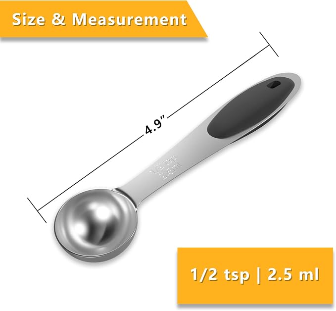 LEIFENY 1PCS 1/2 Tsp(1/6tbsp, 2.5ml) Single Measuring Spoon with Black Silicone Grip, Stainless Steel Individual Measure Scoop Only