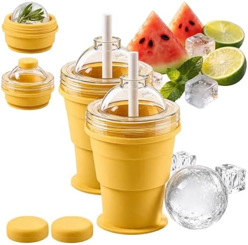 Collapsible Ice Ball Maker Cup, 2-in-1 Silicone Folding Ice Cube Cup Tray Portable Leakproof Travel Tumbler with Lid & Straw, Reusable Sphere Mold for Whiskey, Bourbon, Coffee, Summer Drinks